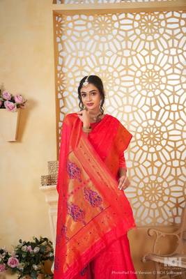 pink floral paithani silk blend  woven saree with matching blouse 3