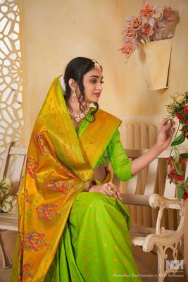 perot floral paithani silk blend  woven saree with matching blouse 4