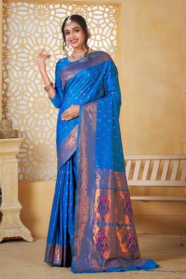 navy blue floral paithani silk blend  woven saree with matching blouse 1