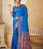 navy blue floral paithani silk blend  woven saree with matching blouse