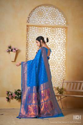 navy blue floral paithani silk blend  woven saree with matching blouse 2