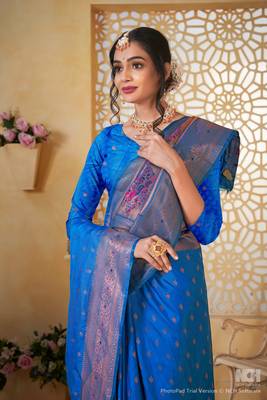 navy blue floral paithani silk blend  woven saree with matching blouse 3