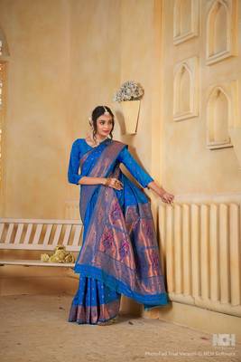 navy blue floral paithani silk blend  woven saree with matching blouse 4