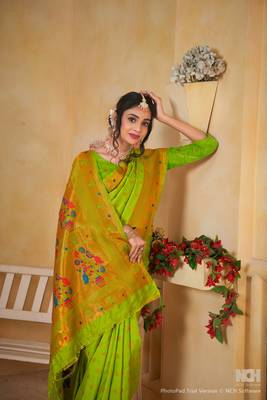 perot floral paithani silk blend  woven saree with matching blouse 3