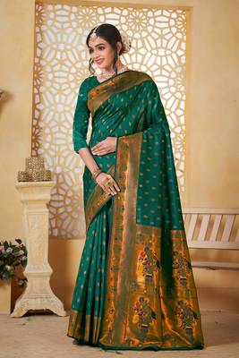green floral paithani silk blend  woven saree with matching blouse 1