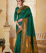 green floral paithani silk blend  woven saree with matching blouse