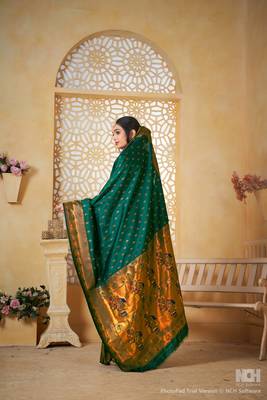 green floral paithani silk blend  woven saree with matching blouse 2