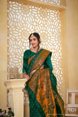 green floral paithani silk blend  woven saree with matching blouse 3