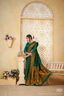 green floral paithani silk blend  woven saree with matching blouse 4