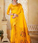 mustard floral paithani silk blend  woven saree with matching blouse