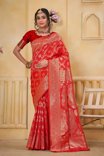red traditional prints art silk woven saree with matching blouse