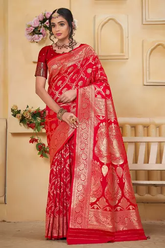 pink traditional prints art silk woven saree with matching blouse
