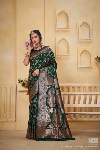 green traditional prints art silk woven saree with matching blouse