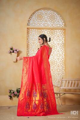 pink floral paithani silk blend  woven saree with matching blouse 4