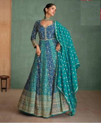 Blue georgette floor length wedding gown 1