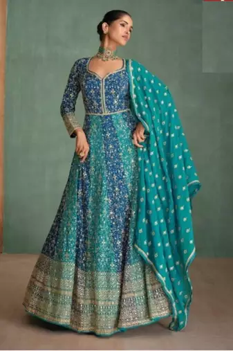 Blue georgette floor length wedding gown
