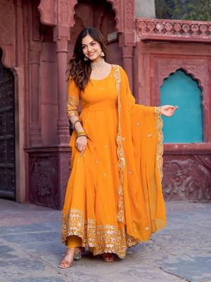 Traditional red faux georgette anarkali suit with dupatta & pants 1
