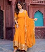 Traditional red faux georgette anarkali suit with dupatta & pants