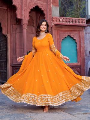 Traditional red faux georgette anarkali suit with dupatta & pants 2
