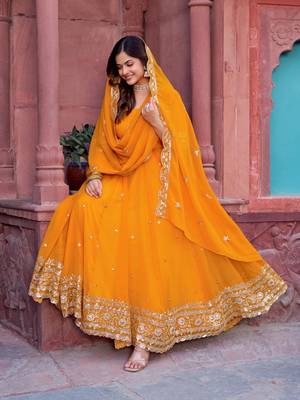 Traditional red faux georgette anarkali suit with dupatta & pants 4