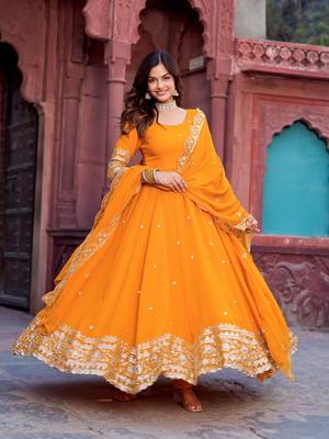 Traditional red faux georgette anarkali suit with dupatta & pants 5