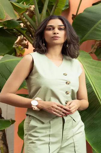 Pista green cotton solid vest coat