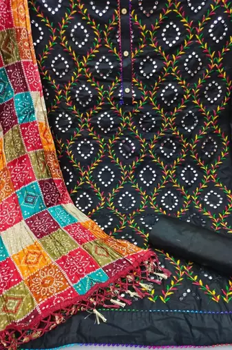 Traditional mirror work embroidered cotton dress material with multicolor bandhani dupatta