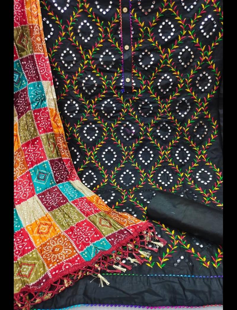 Traditional mirror work embroidered cotton dress material with multicolor bandhani dupatta