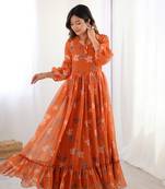 Orange floral printed faux georgette fully stitched flair long gown