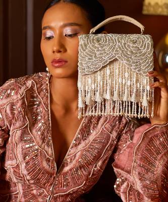 Silver satin handbag with pearl latkans 1