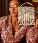 Silver satin handbag with pearl latkans