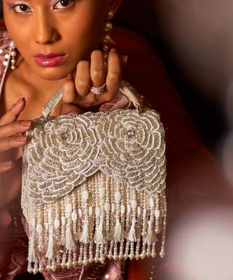 Silver satin handbag with pearl latkans 4