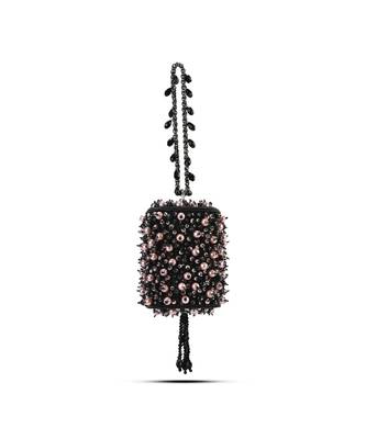 Black suede handbag adorned with pearls 1