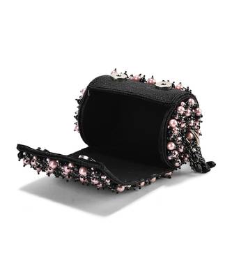 Black suede handbag adorned with pearls 3