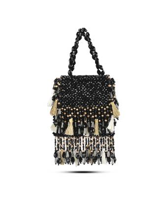 Black suede embroidered handbag with flowy detailing 1