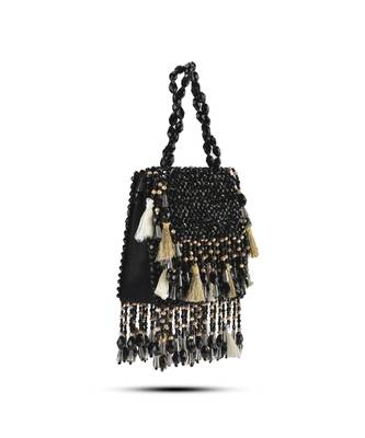 Black suede embroidered handbag with flowy detailing 2
