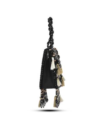Black suede embroidered handbag with flowy detailing 3