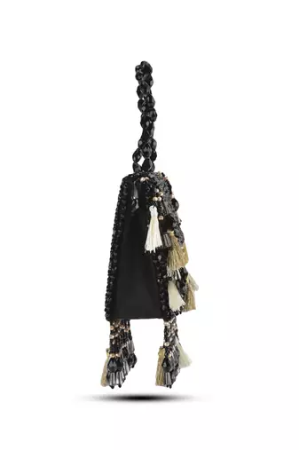 Black suede embroidered handbag with flowy detailing