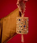 Gold satin potli bag adorned with mirror detailing