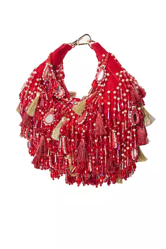 Red velvet embellished handbag for women