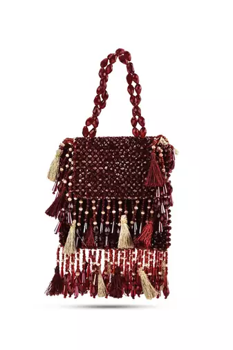Red suede crystal work embroidered handbag
