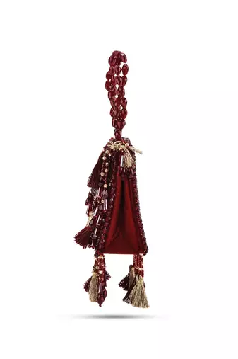 Red suede crystal work embroidered handbag
