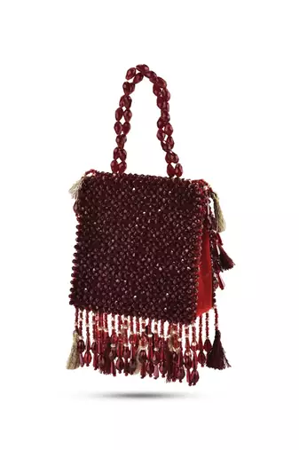 Red suede crystal work embroidered handbag