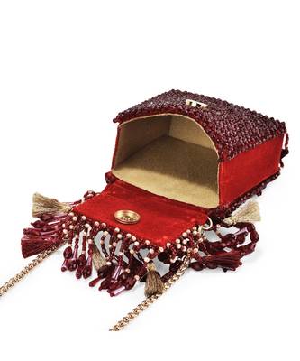 Red suede crystal work embroidered handbag 5