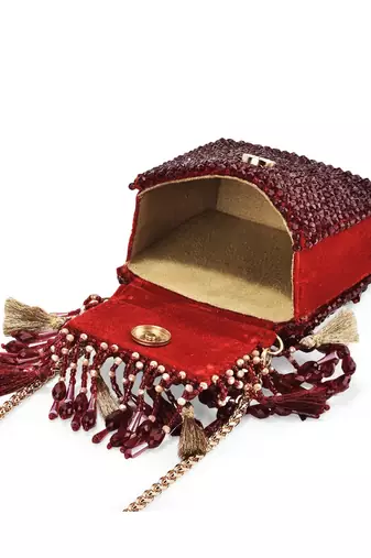 Red suede crystal work embroidered handbag