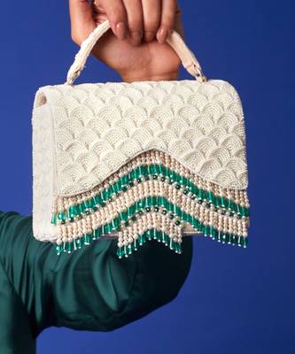 White satin handbag with pearl detailing 1
