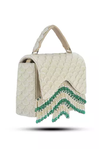 White satin handbag with pearl detailing
