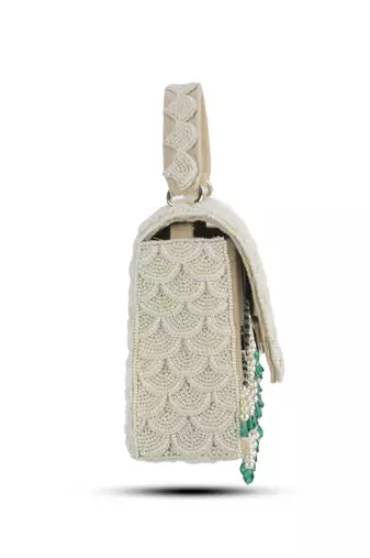 White satin handbag with pearl detailing