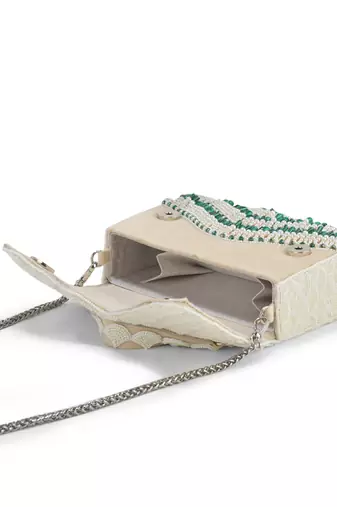 White satin handbag with pearl detailing
