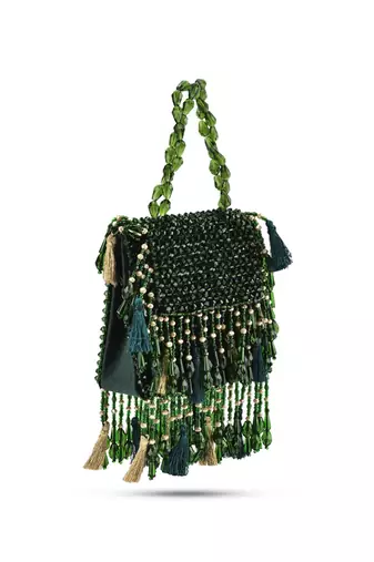 Green suede handbag with crystal work detailing
